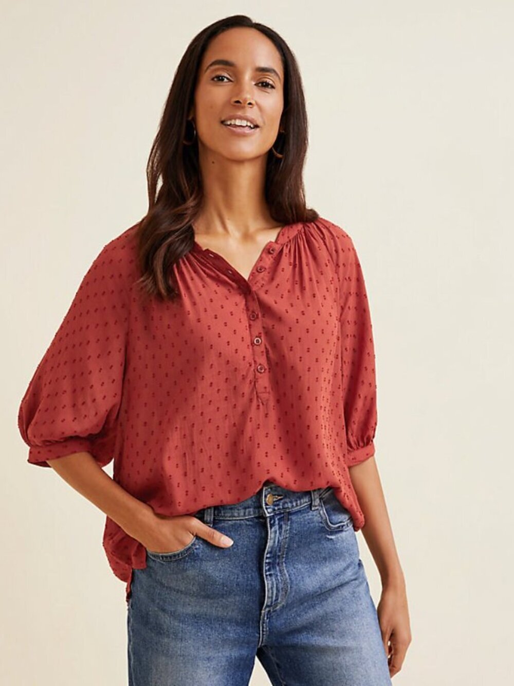 Garnet Hill Elbow Sleeve Swiss Dot Blouse Peasant Semisheer Rust/Terracotta L